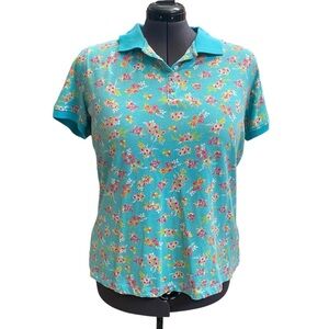 AMERICAN SWEETHEART Women's size XL Turquoise Floral Short Sleeve Polo Shirt